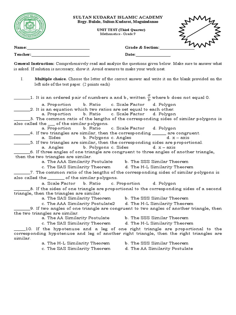 3rd Unit Test MATH 9 SARAEL PDF Triangle Mathematical Objects