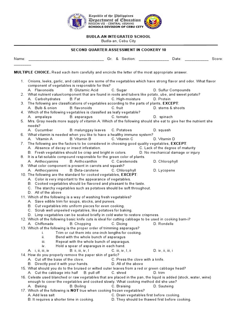 Cookery 10 Second Quarter Assessment | PDF | Cooking | Vegetables