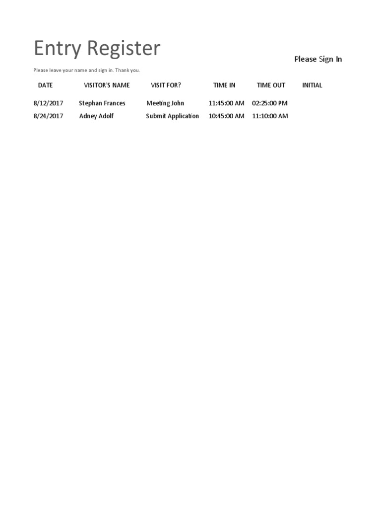 Visitor Entry Register PDF