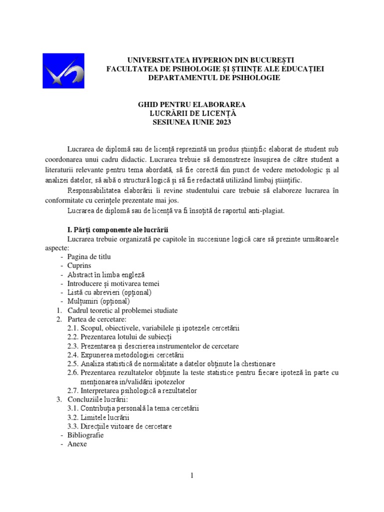 Ghid Elaborare Lucrare de Licenta Psihologie 2023 | PDF