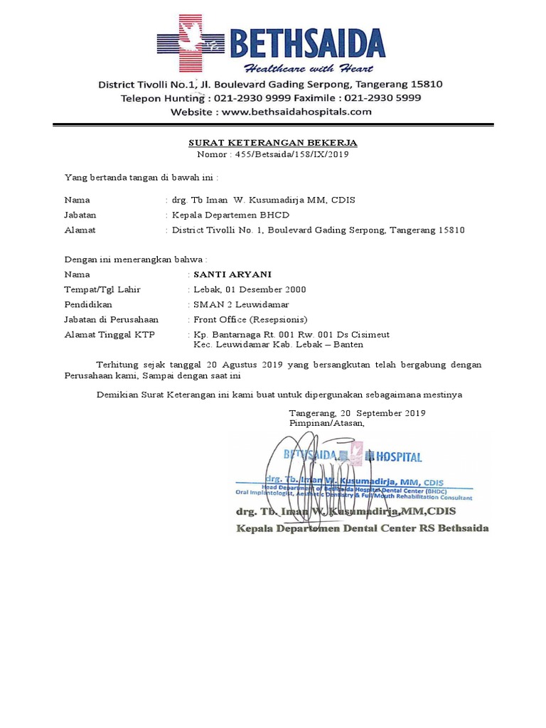 Contoh Surat Keterangan Kerja | PDF