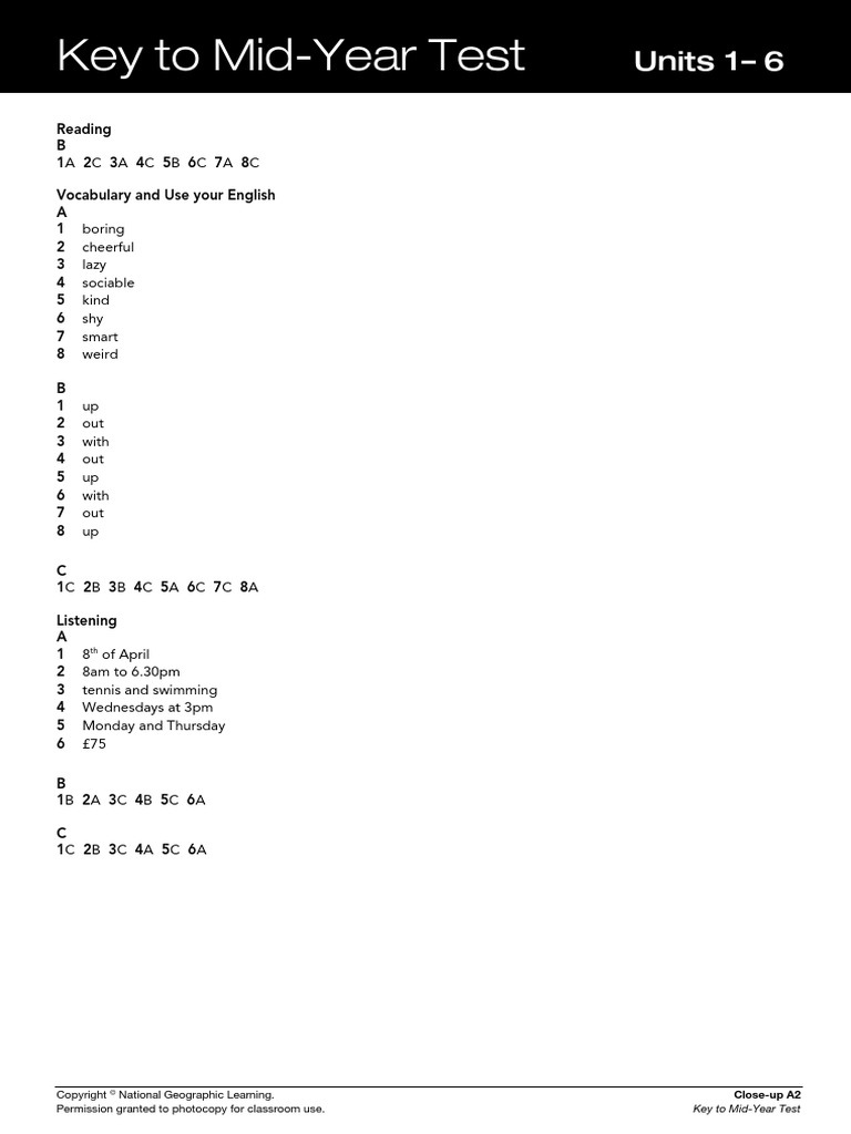 A2 Mid-Year Test Key | PDF