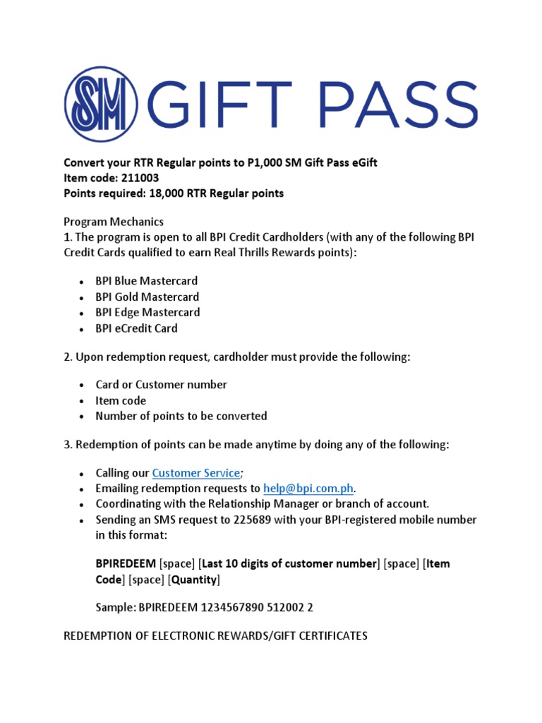 Convert Your RTR Regular Points To P1,000 SM Gift Pass Egift Item Code