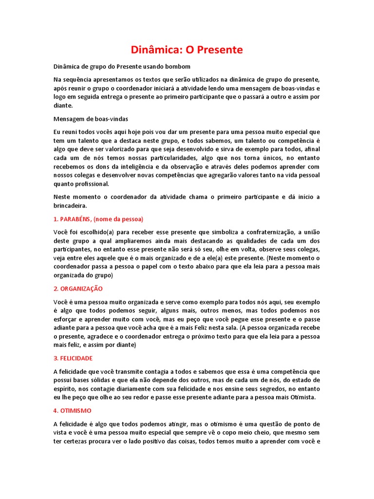 Dinâmica - O Presente 2023 | Download grátis PDF | Felicidade | Gestão ...