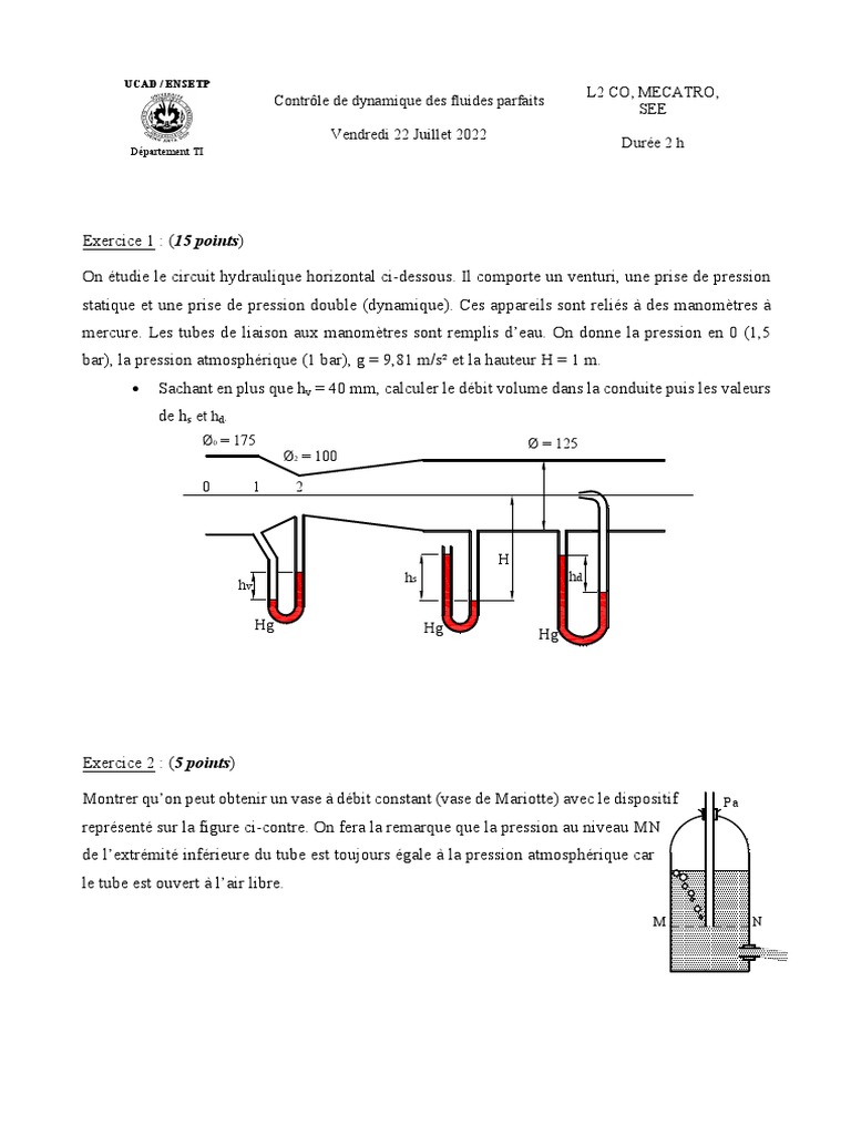 Exercice sur le vase de Mariotte PDF Pression Génie chimique — free download