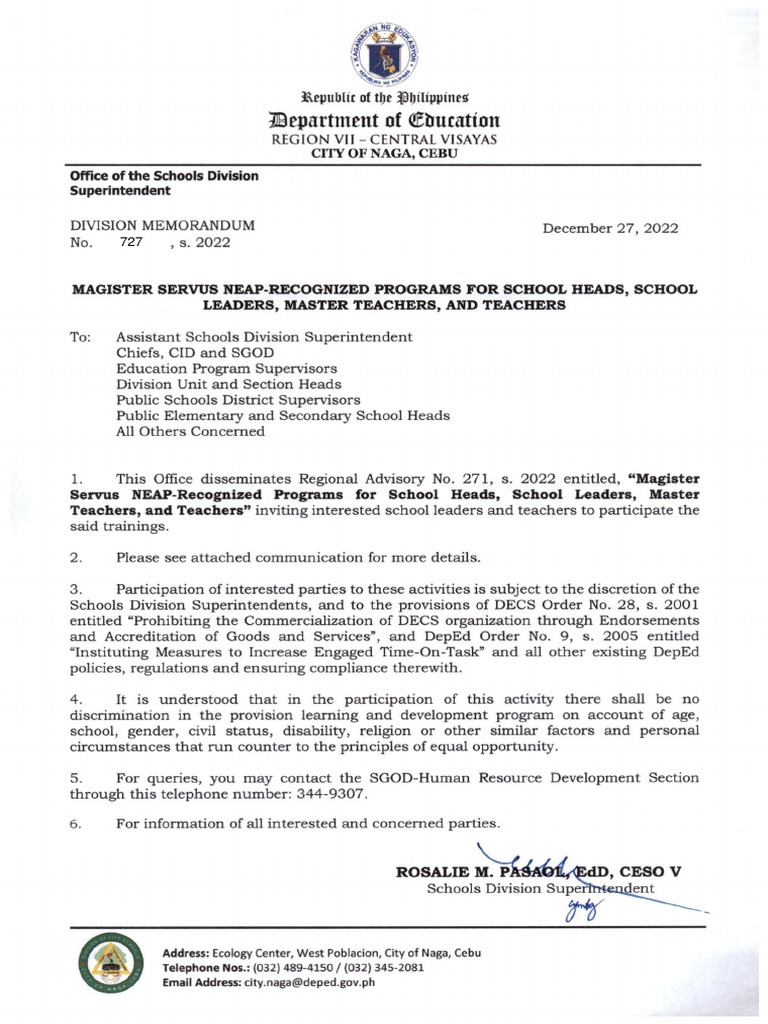 Division Memo 727 Magister Servus NEAPRecognized Programs For School Heads, School Leaders