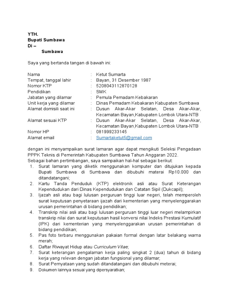 Format Surat Lamaran PPPK Teknis - Ketut SUmarta 2022 | PDF
