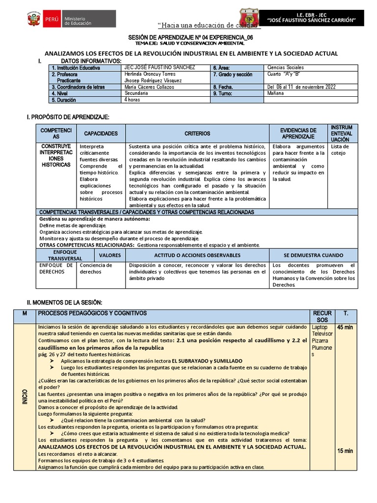 Sesión de Aprendizaje #04 Experiencia 06 - Tercer Grado | PDF ...