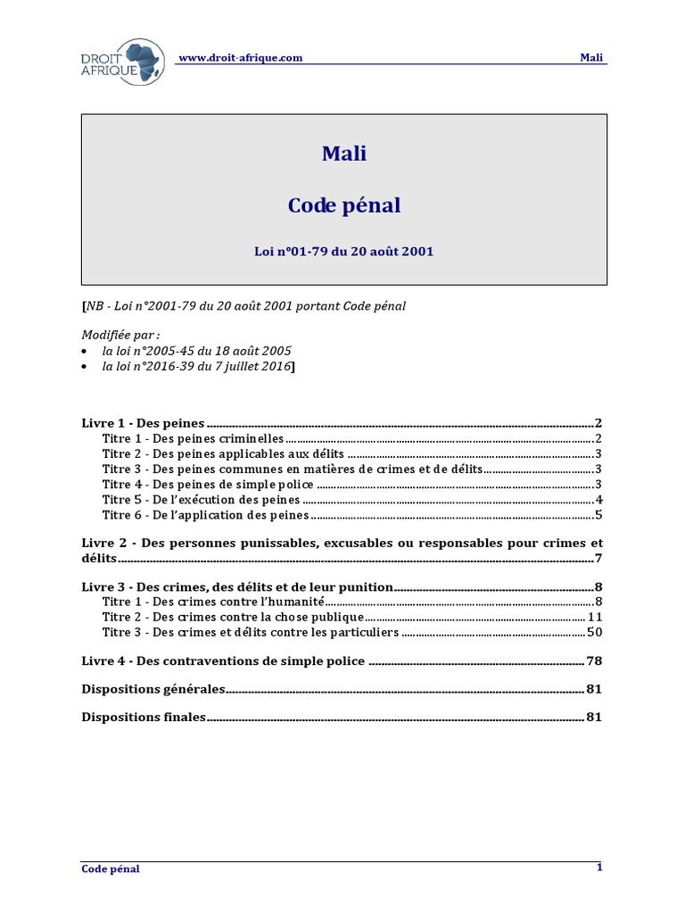 Menaces de mort dans le Code pénal malien | PDF | Emprisonnement à vie ...