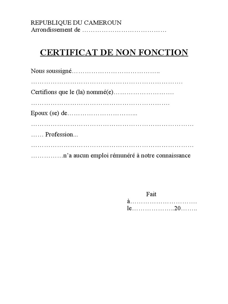 Formulaire Vierge Certificat de Non Fonction PDF