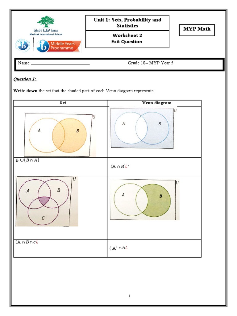 Grade 10 Sets Worksheet PDF | PDF