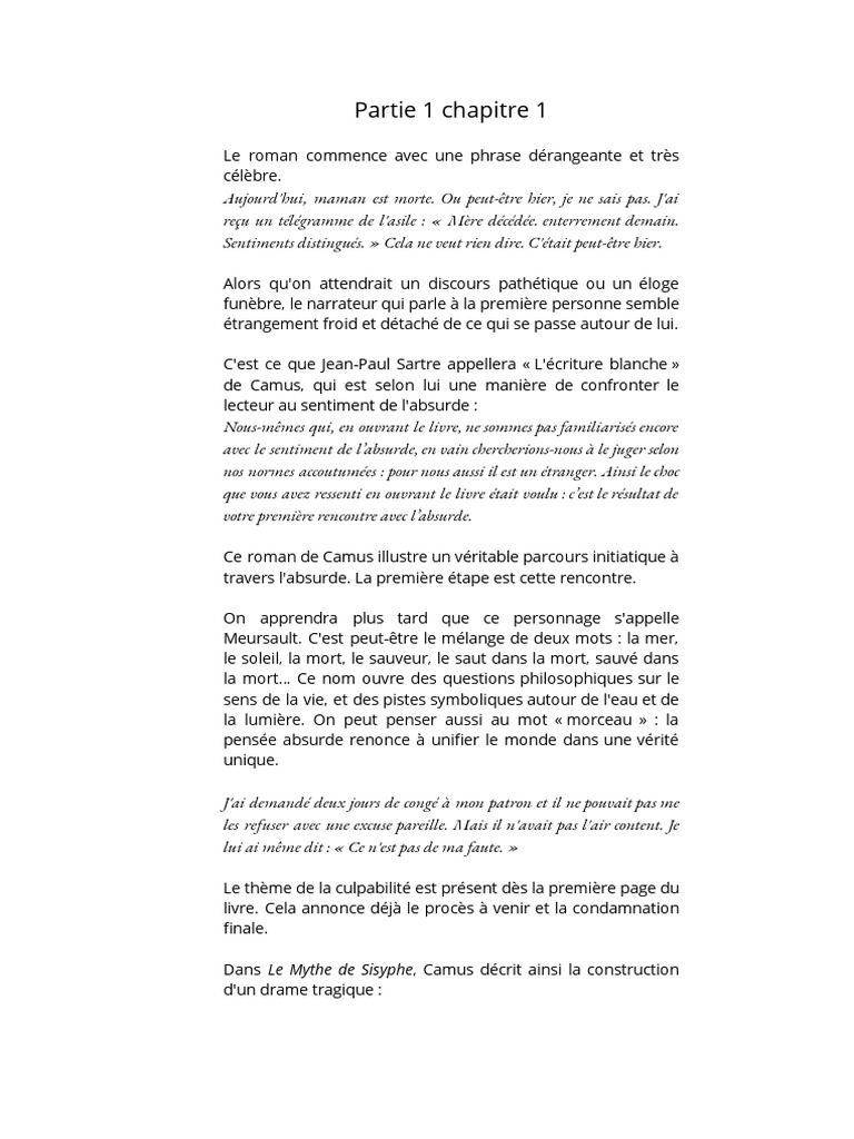 Camus, L'Étranger Lecture Partie 1 Chapitre 1 PDF