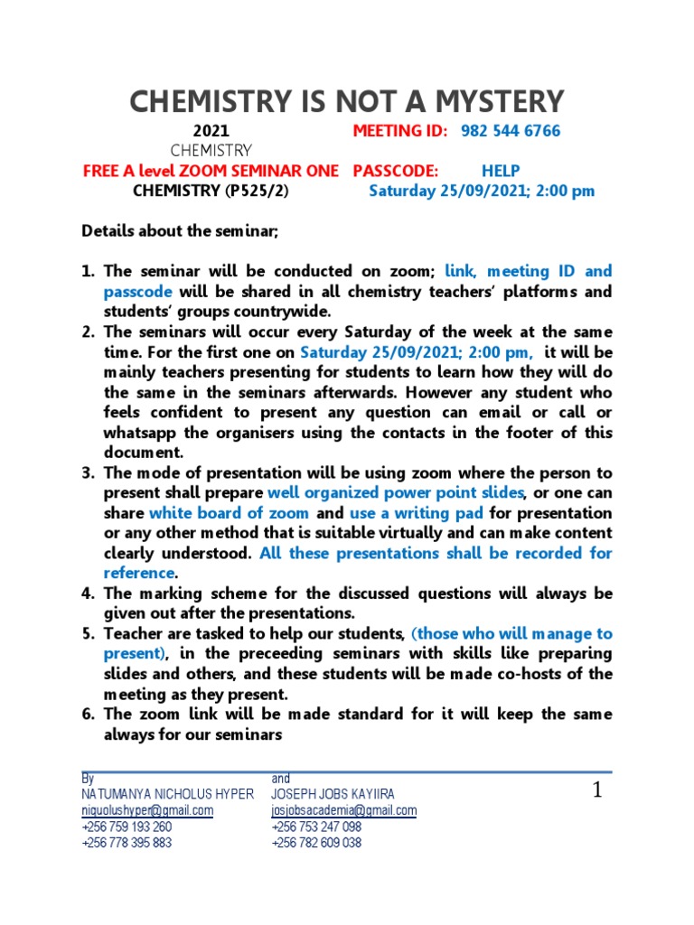 Chemistry Zoom Seminar One PDF Isotope Chemical Elements