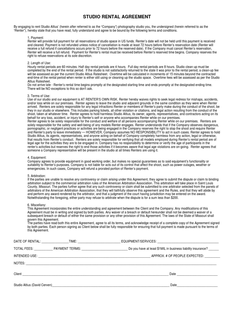 Studio Rental Agreement for Photography | PDF | Arbitration | Common Law