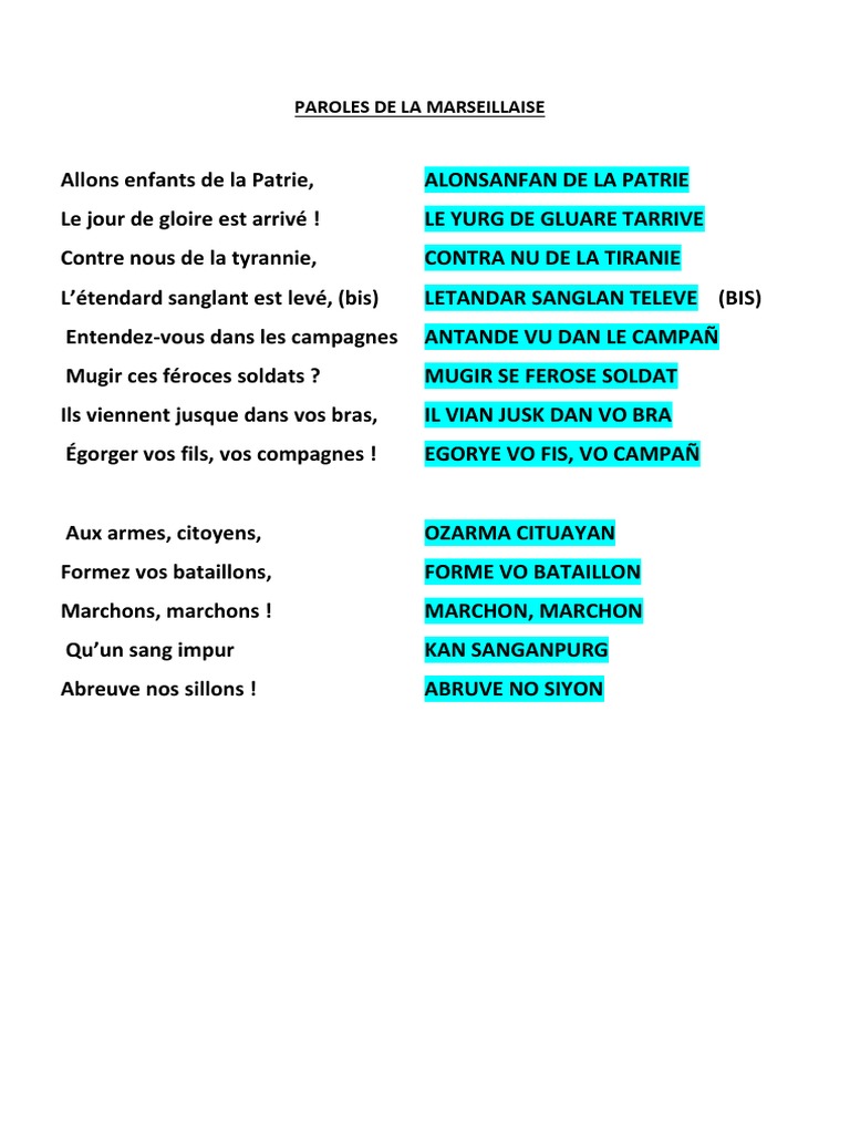 Paroles de La Marseillaise PDF
