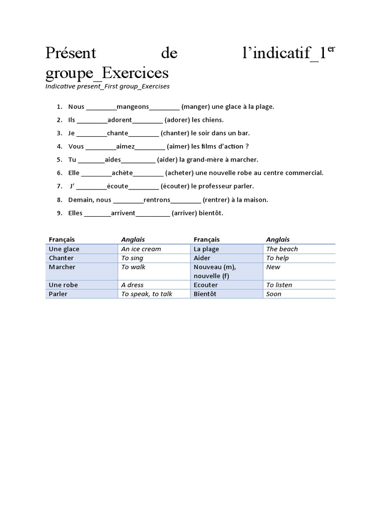 Présent de L'indicatif - Exercices - Verbes1 | PDF