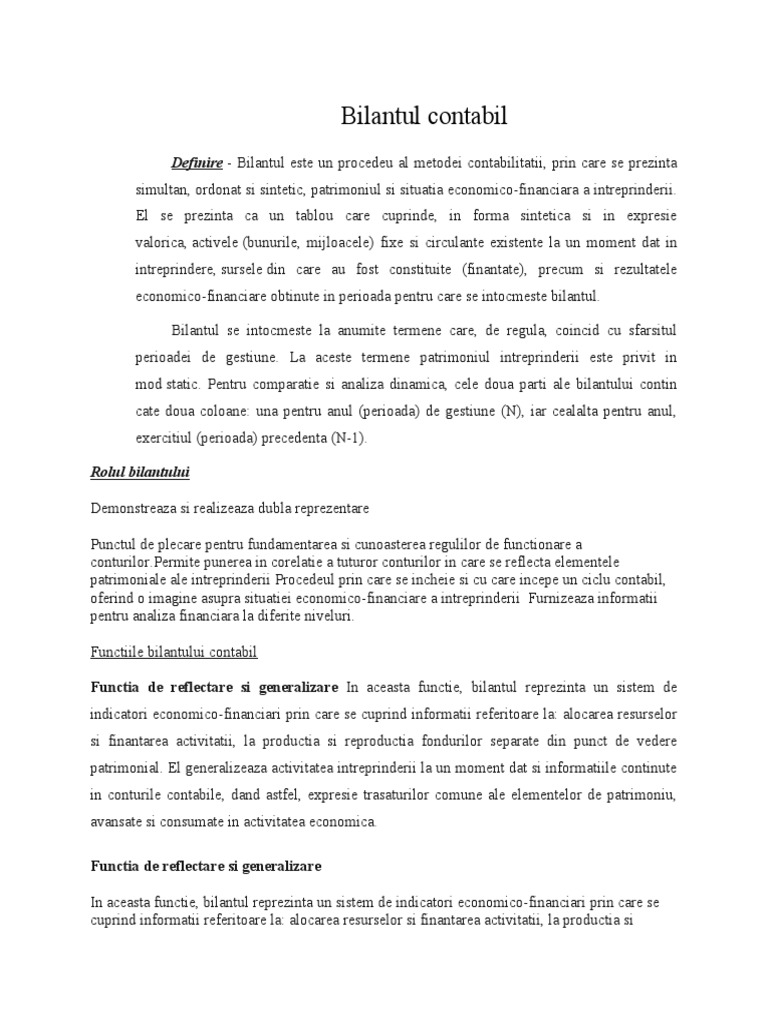 Bilantul Contabil: Definire - Bilantul Este Un Procedeu Al Metodei ...