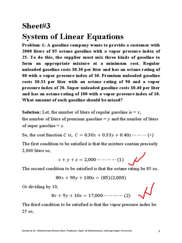 Sheet3 System of Linear Equations PDF Gasoline Equations