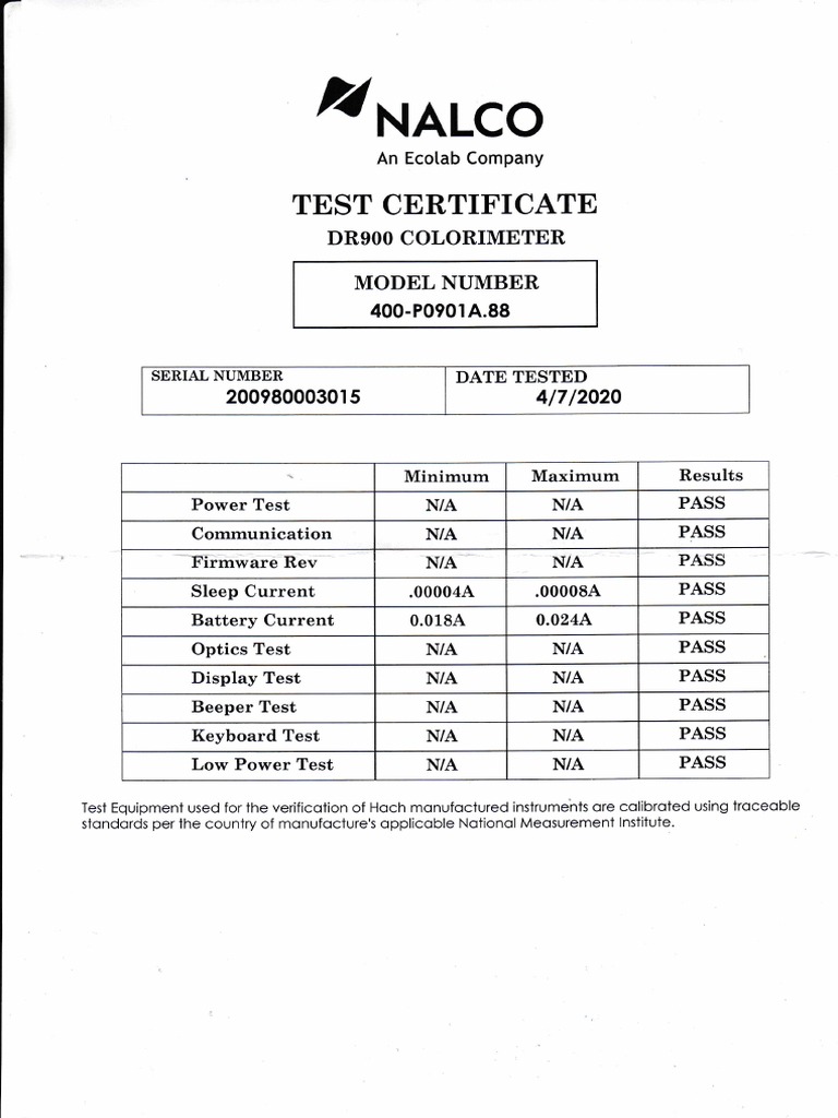 Certificat de Test DR900 COLORIMETER PDF