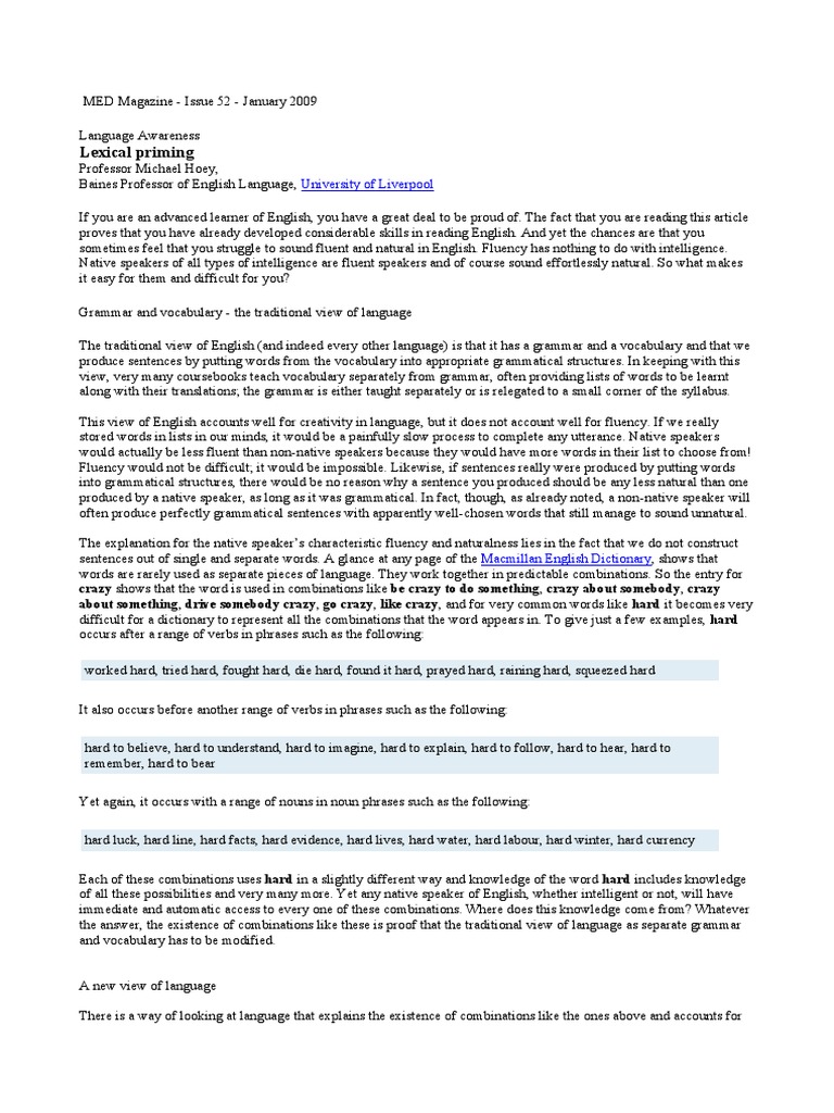 Lexical Priming Hoey Med Article PDF Fluency English Language