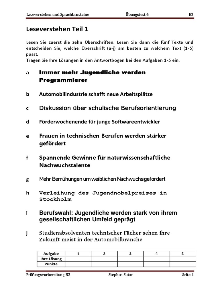Leseverstehen Und Sprachbausteine B2 Übungstest 6 | PDF