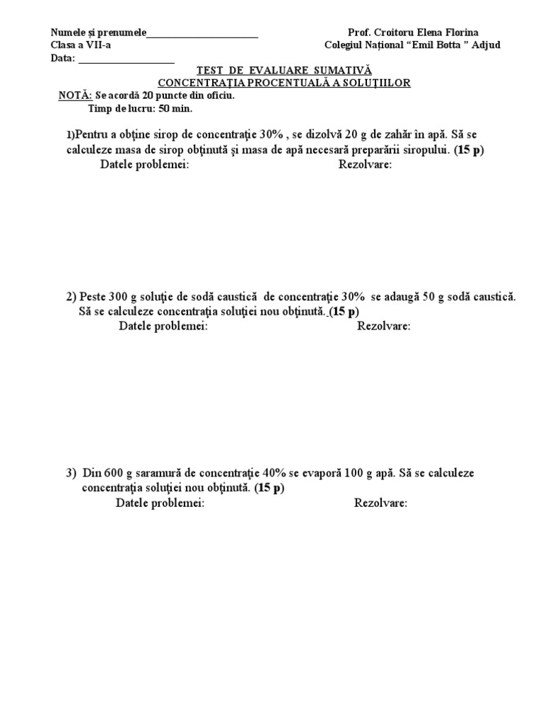 Test de Evaluare Sumativa Concentratia Solutiilor Cls 7 | PDF