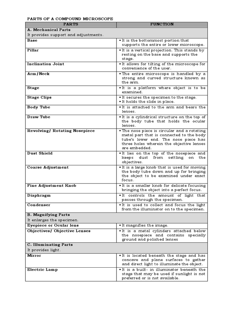 Parts and Functions of a Compound Microscope | PDF | Glass Engineering ...