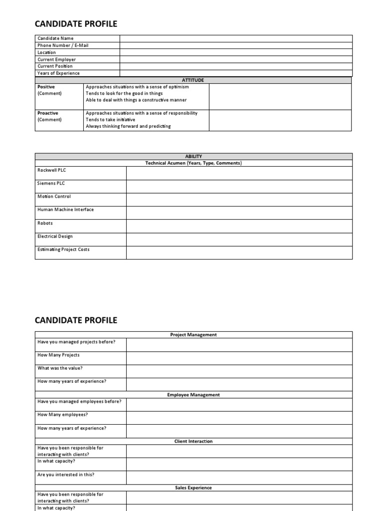 Candidate Profile Template PDF Employment Experience