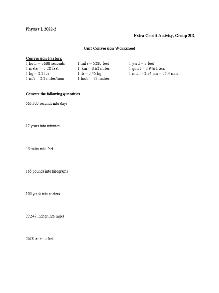 Extra credit topic unit conversion practice pdf