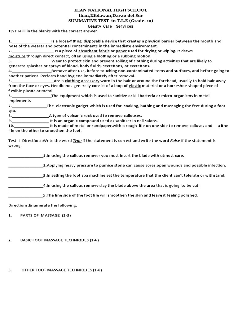 1stSummative Test Grade 10 PDF Massage Clothing
