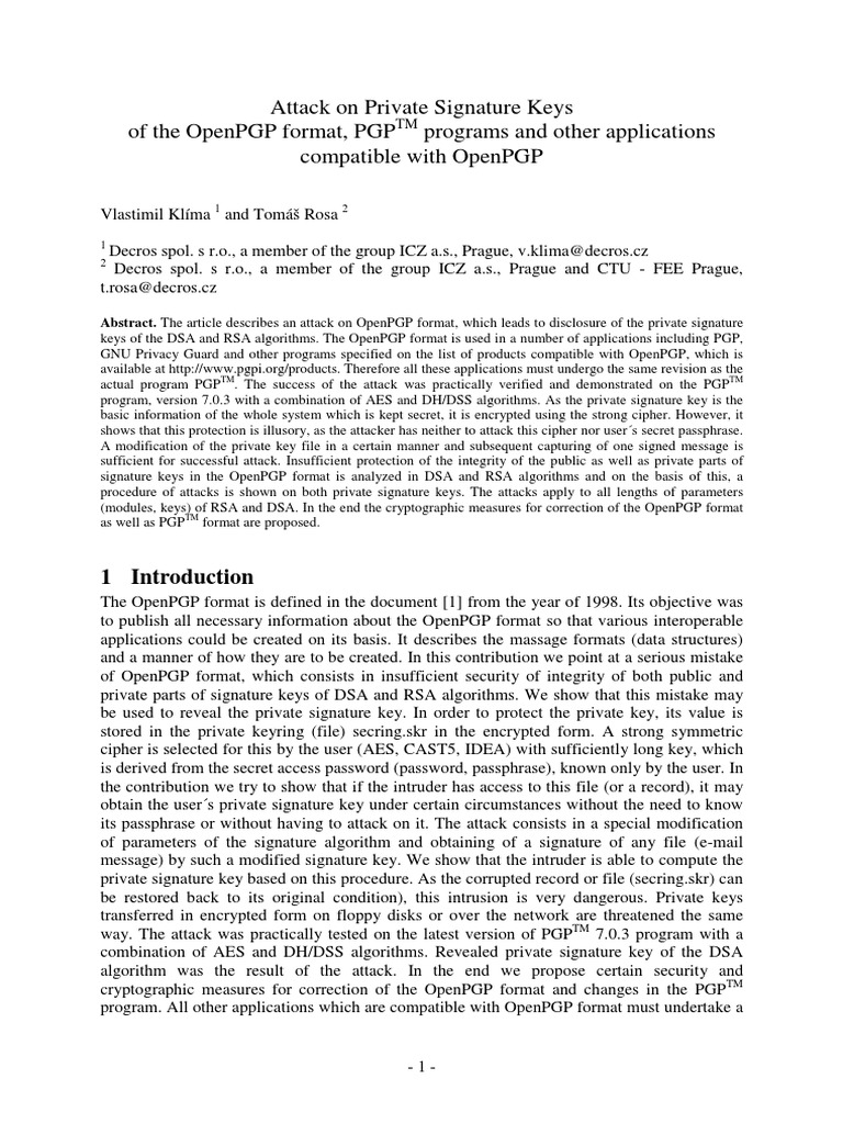 Attack on private dsa and rsa keys in openpgp format pdf key