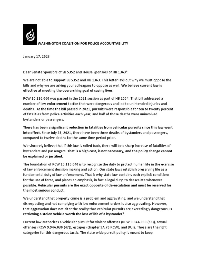 Wcpa ltr to sponsors of hb 1363 sb 5352 vehicular pursuits cc pdf