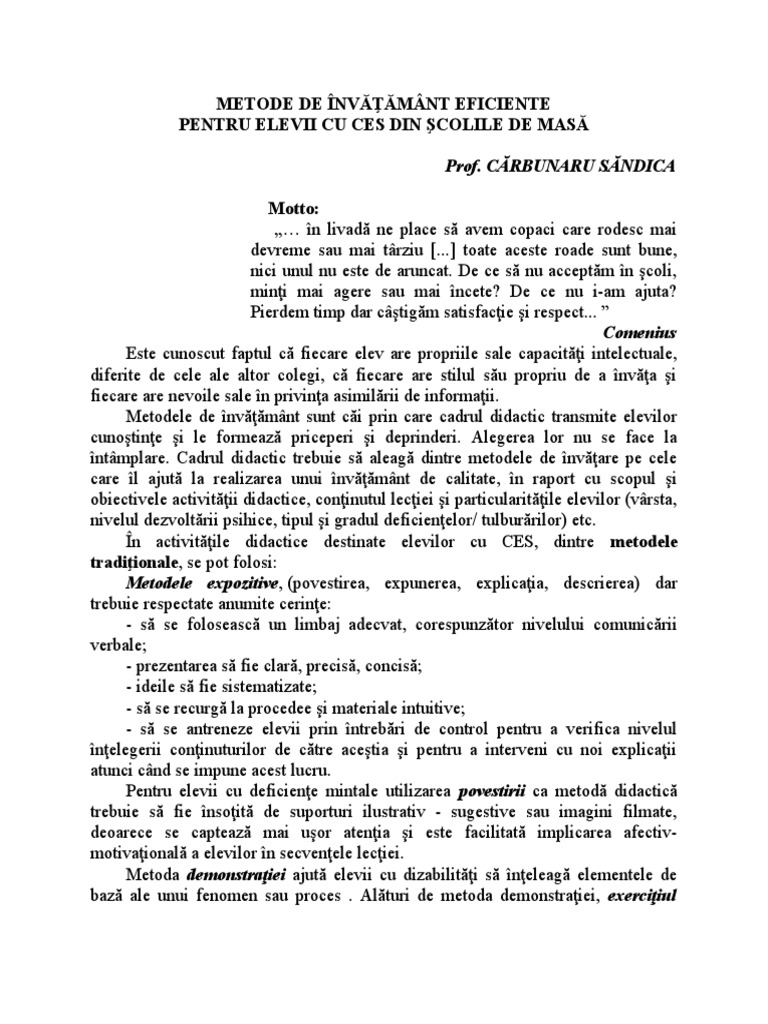 Metode de Invatamant Eficiente Pentru Elevii Cu CES Din Scolile de Masa ...