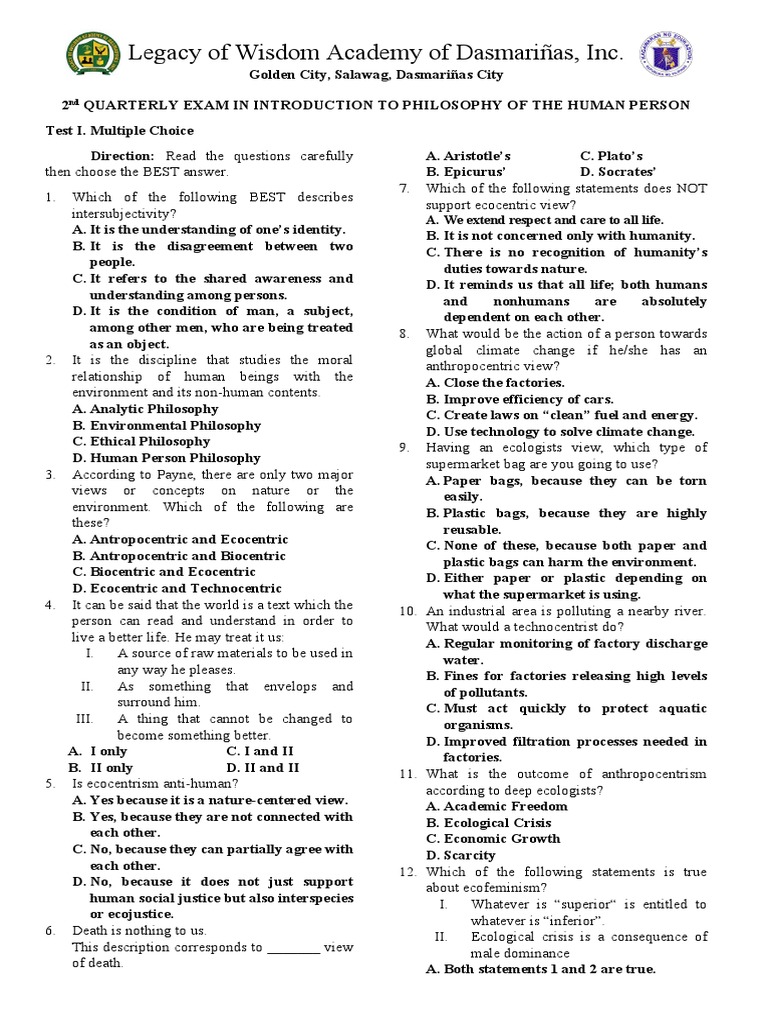 2nd Quarter Philosophy Exam Overview | PDF | Free Will | Metaphysics