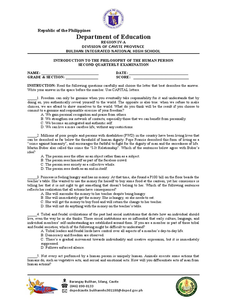 Philosophy of the Human Person Exam | PDF | Social Contract | Society