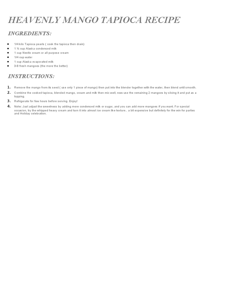 Heavenly Mango Tapioca Recipe PDF