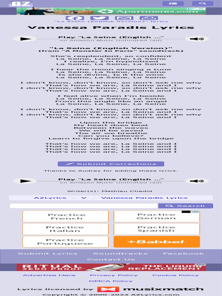 Vanessa Paradis La Seine (English Version) Lyrics PDF