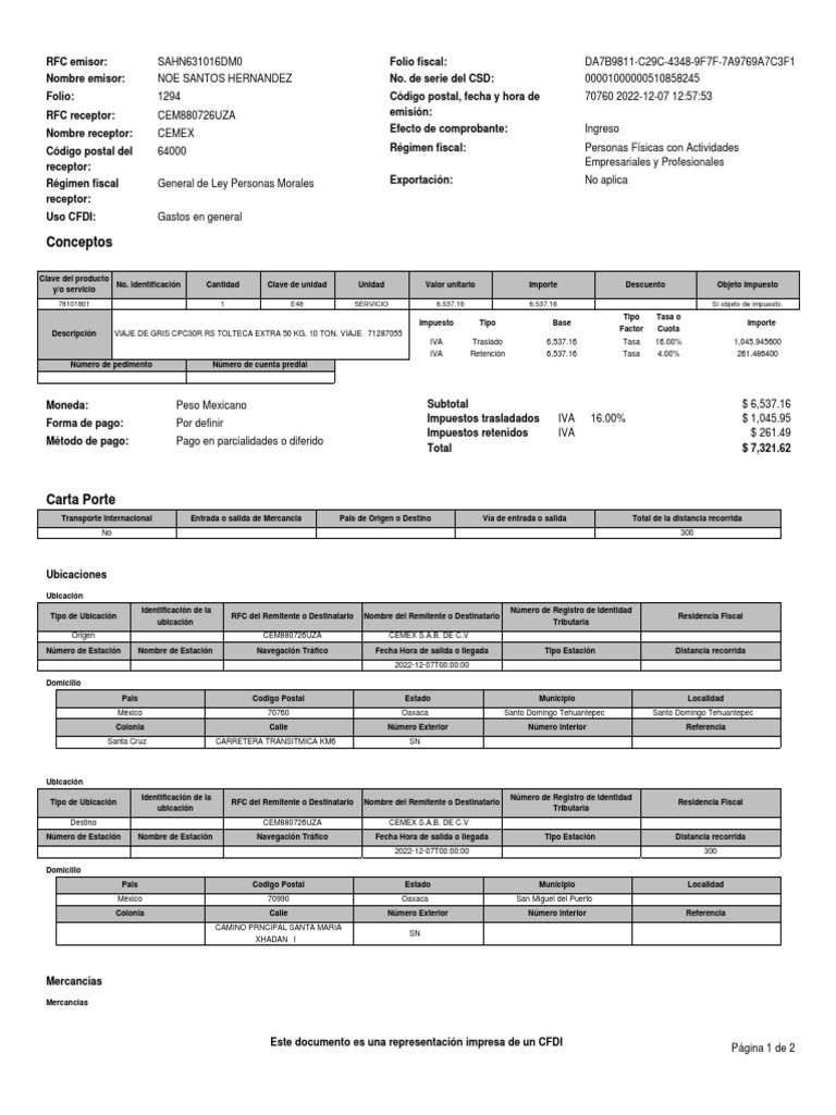 Conceptos: 78101801 1 E48 Servicio 6,537.16 6,537.16 Sí Objeto de ...