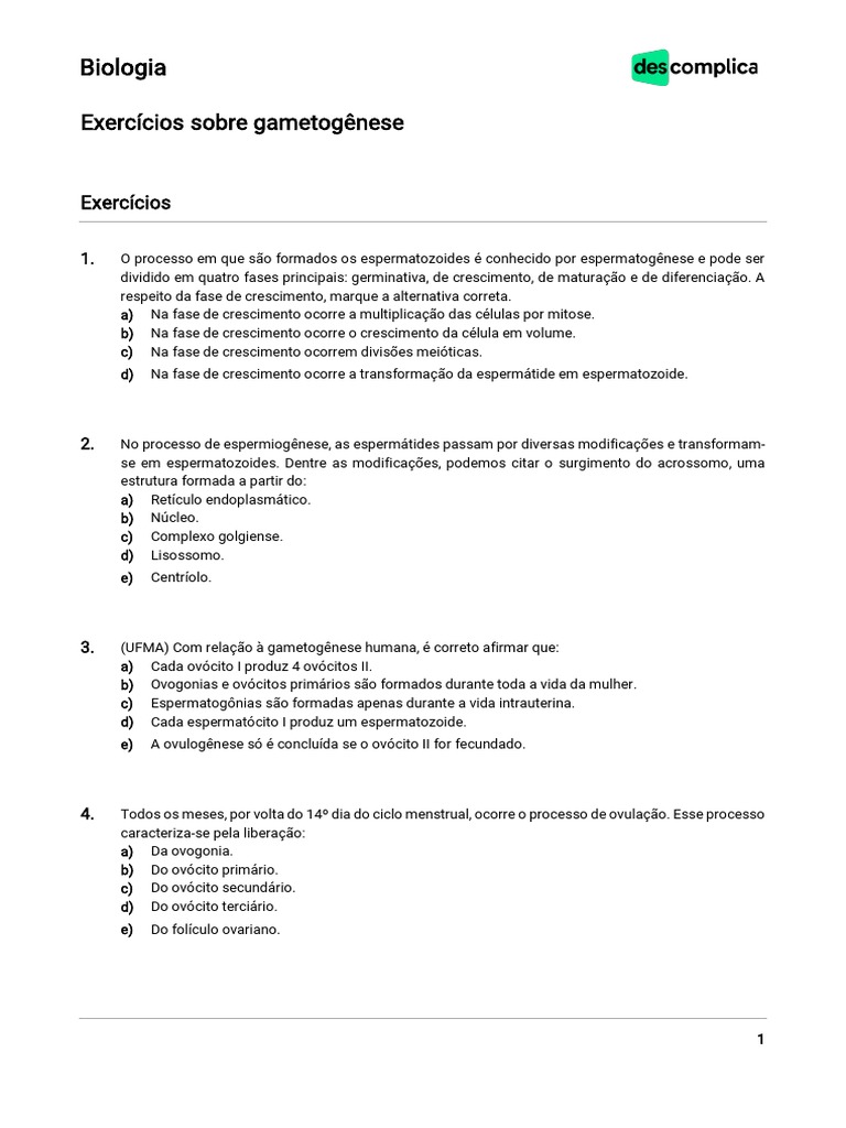 Exercícios sobre Gametogênese Humana | PDF | Fertilização | Meiose