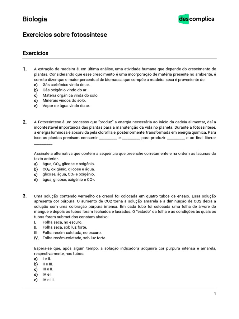 VOD - Biologia - Exercícios Sobre Fotossíntese - 2021 | PDF ...