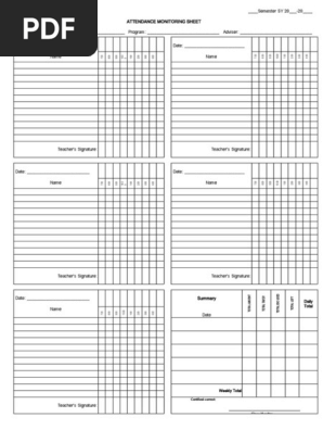 Classroom Attendance Monitoring Sheet