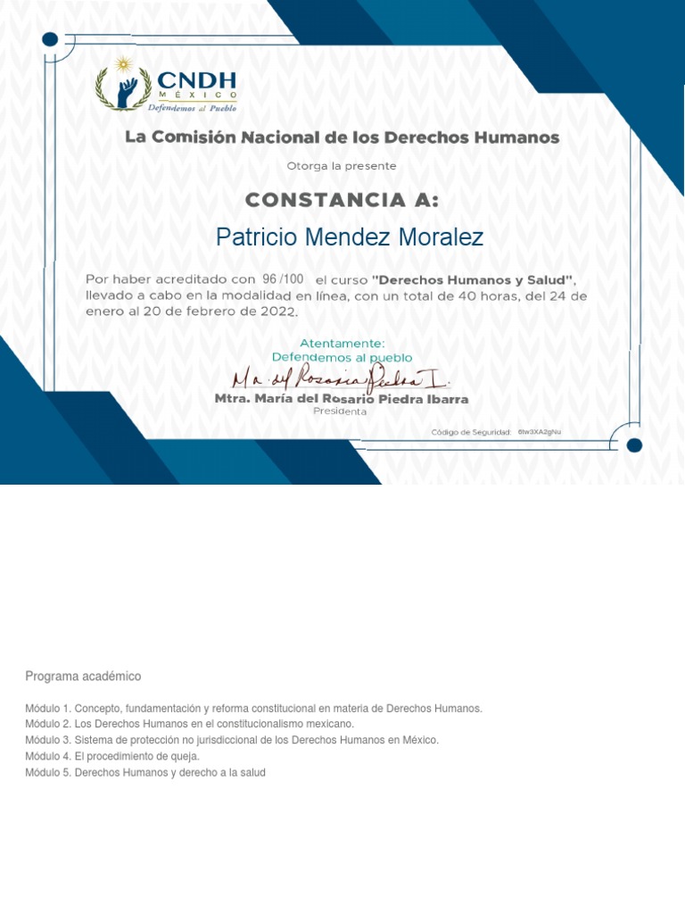CDHS - Constancia Curso Derechos Humanos y Salud | PDF