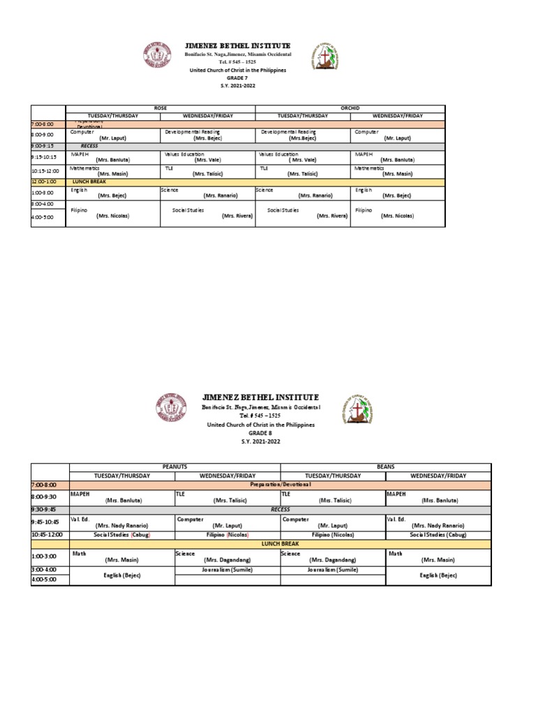 Jimenez Bethel Institute Class Schedules | PDF | Science