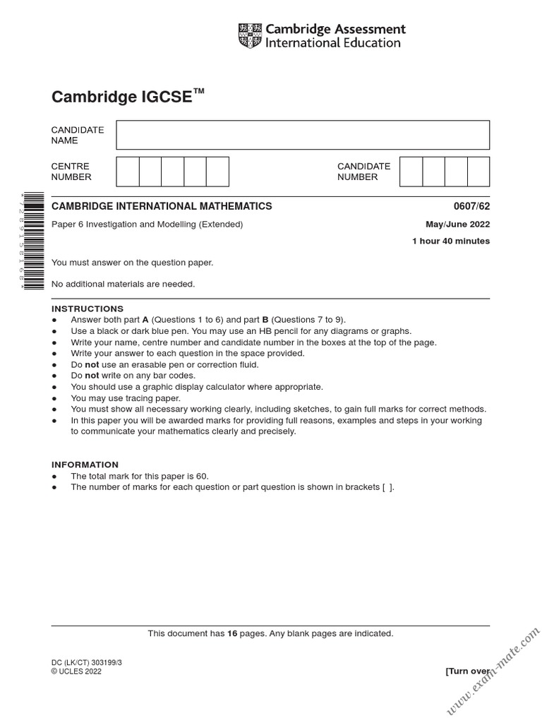 Igcse 0607 62 mathematics paper 6 investigation and modelling extended