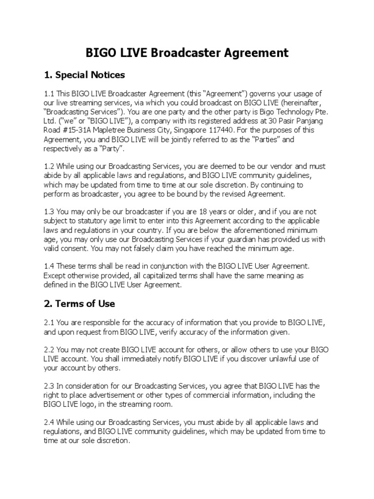 Bigo live broadcaster agreement pdf arbitration license