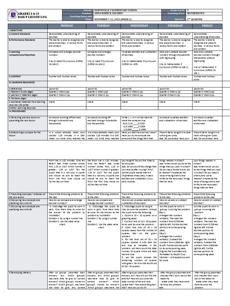 Daily Math Lesson Plan for Grade 5 | PDF | Differentiated Instruction ...