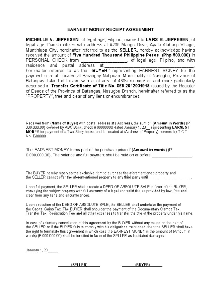 Earnest Money Receipt Agreement (NR) | PDF | Deed | Payments