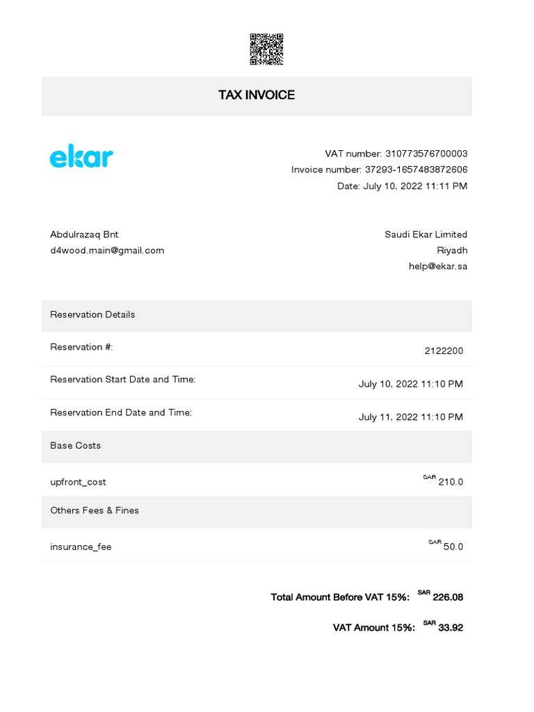 Tax invoice detailing reservation fees and insurance costs for services