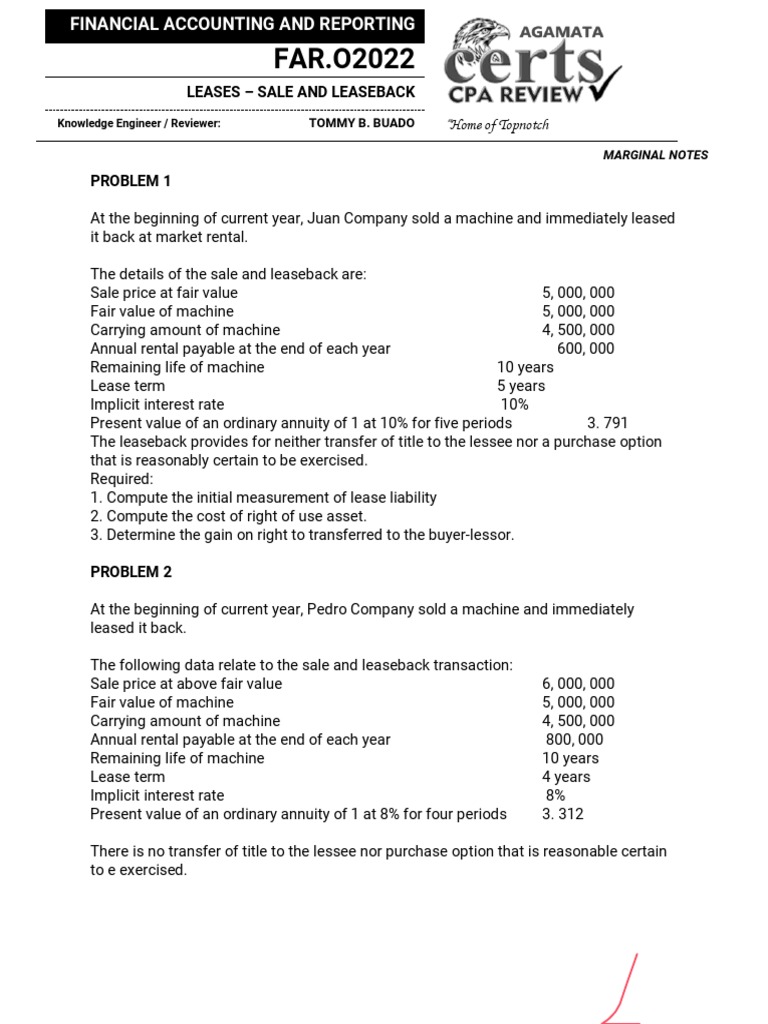 Calculating Financial Impacts Of Sale And Leaseback Transactions Pdf