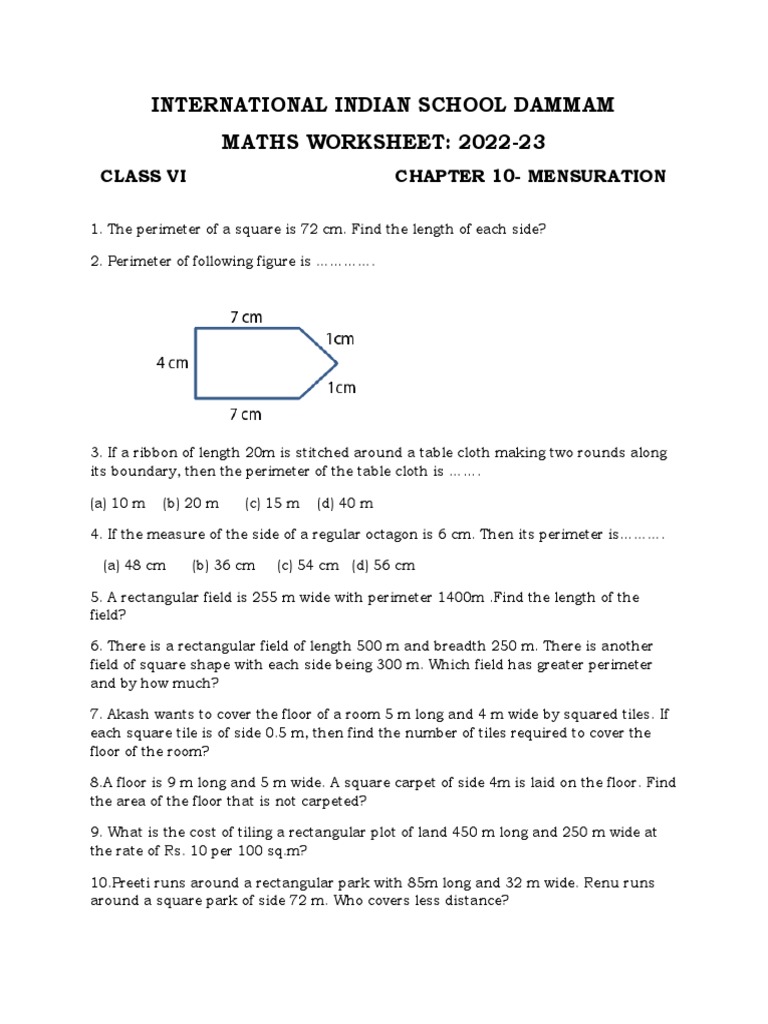 Class Vi Mathematics Worksheet Chapter 10 Mensuration 1 PDF